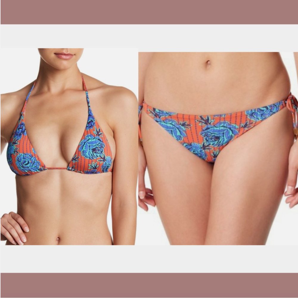 NEW 2PC ViX [ Medium ] Iva Bia Triangle Top + Bikini Bottom in Floral Blue #6089